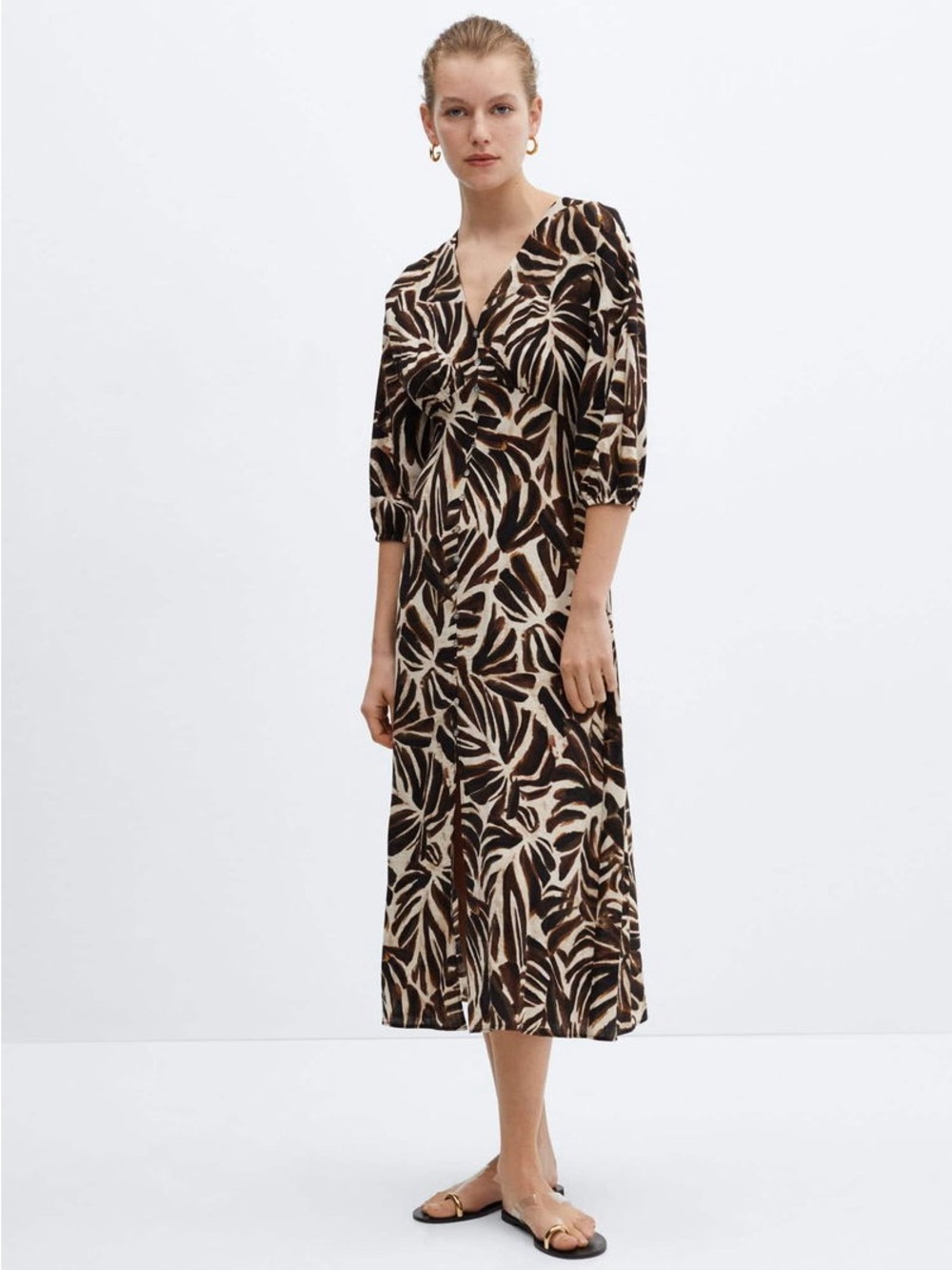 Mango Brown & Cream v-neck printed dress NWT